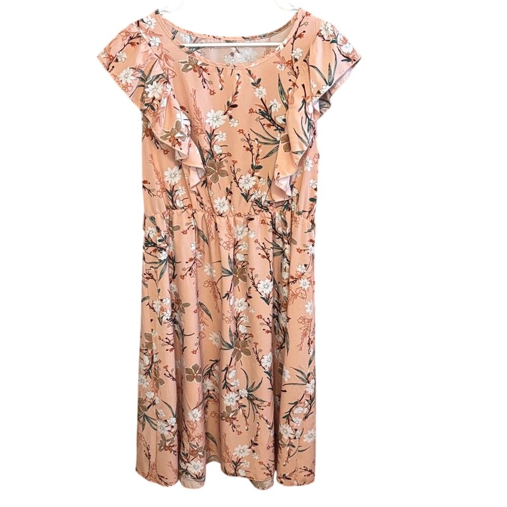 Floral Ruffle Sleeve Dress 2XL Peach Midi Elastic Waist Flowy